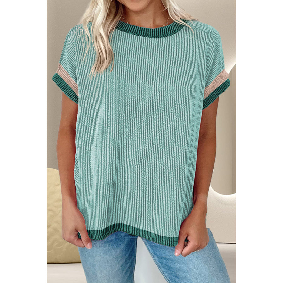 Color Block Round Neck Cap Sleeve T-Shirt Gum Leaf / S Apparel and Accessories