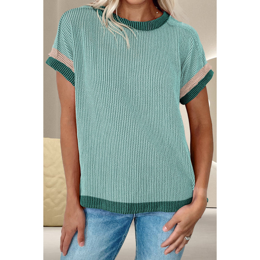 Color Block Round Neck Cap Sleeve T-Shirt Gum Leaf / S Apparel and Accessories