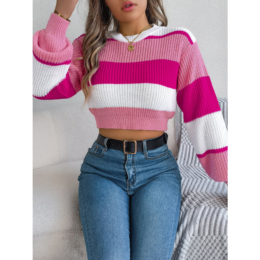 Color Block Round Neck Cropped Sweater Apparel and Accessories