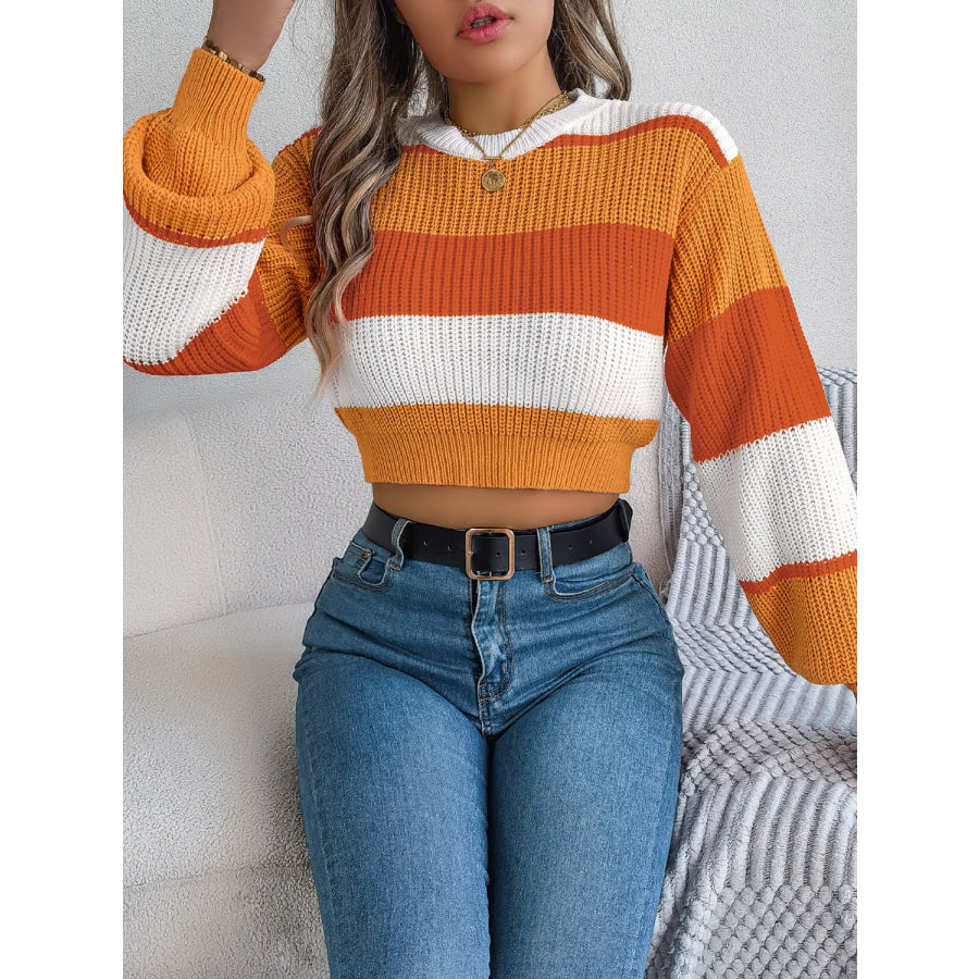 Color Block Round Neck Cropped Sweater Apparel and Accessories