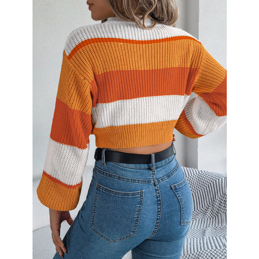 Color Block Round Neck Cropped Sweater Apparel and Accessories