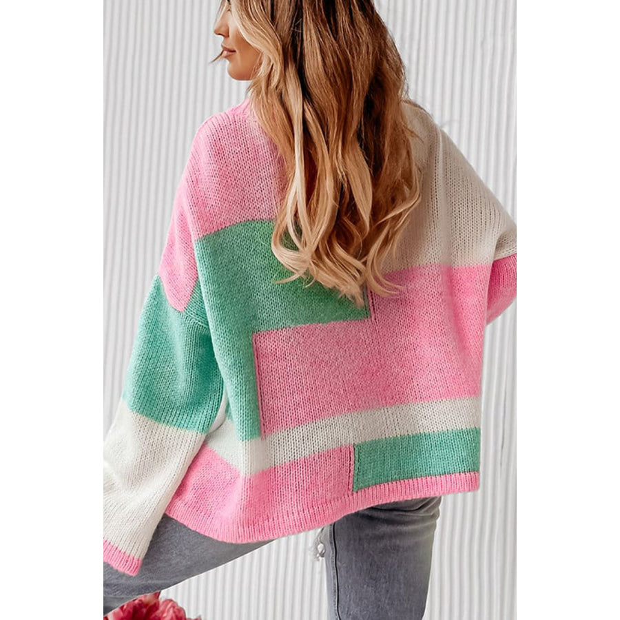 Color Block Round Neck Drop Shoulder Sweater Blush Pink / S Apparel and Accessories
