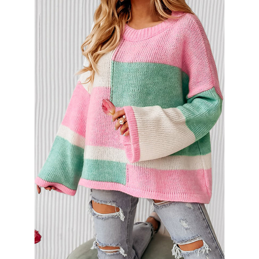 Color Block Round Neck Drop Shoulder Sweater Blush Pink / S Apparel and Accessories