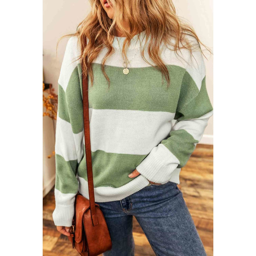 Color Block Round Neck Drop Shoulder Sweater Gum Leaf / S