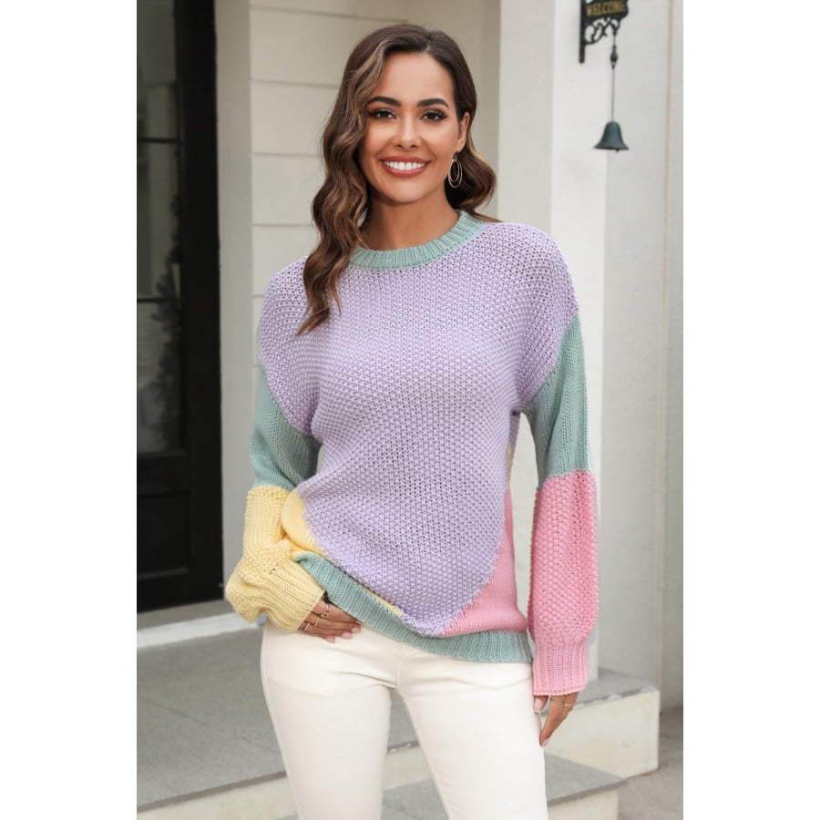 Color Block Round Neck Drop Shoulder Sweater Lavender / S