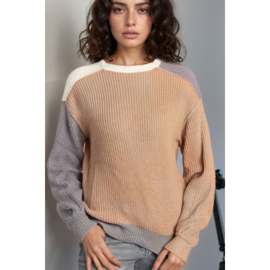 Color Block Round Neck Drop Shoulder Sweater Tan / S Apparel and Accessories