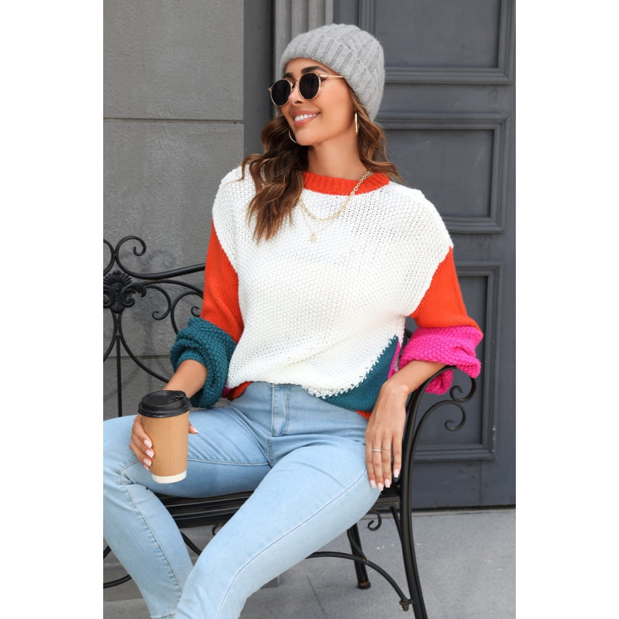 Color Block Round Neck Drop Shoulder Sweater