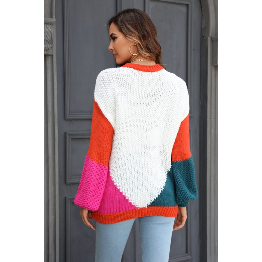 Color Block Round Neck Drop Shoulder Sweater White / S