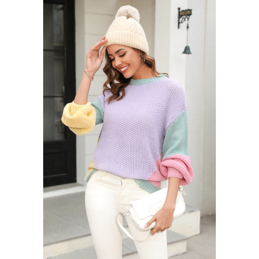 Color Block Round Neck Drop Shoulder Sweater