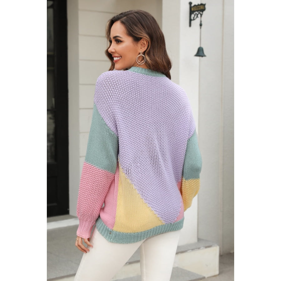 Color Block Round Neck Drop Shoulder Sweater