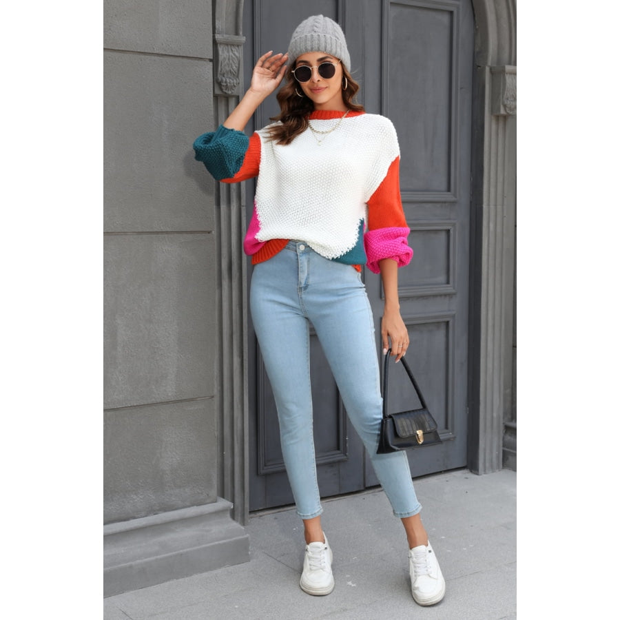 Color Block Round Neck Drop Shoulder Sweater