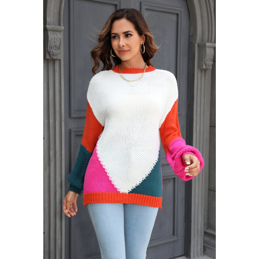 Color Block Round Neck Drop Shoulder Sweater White / S