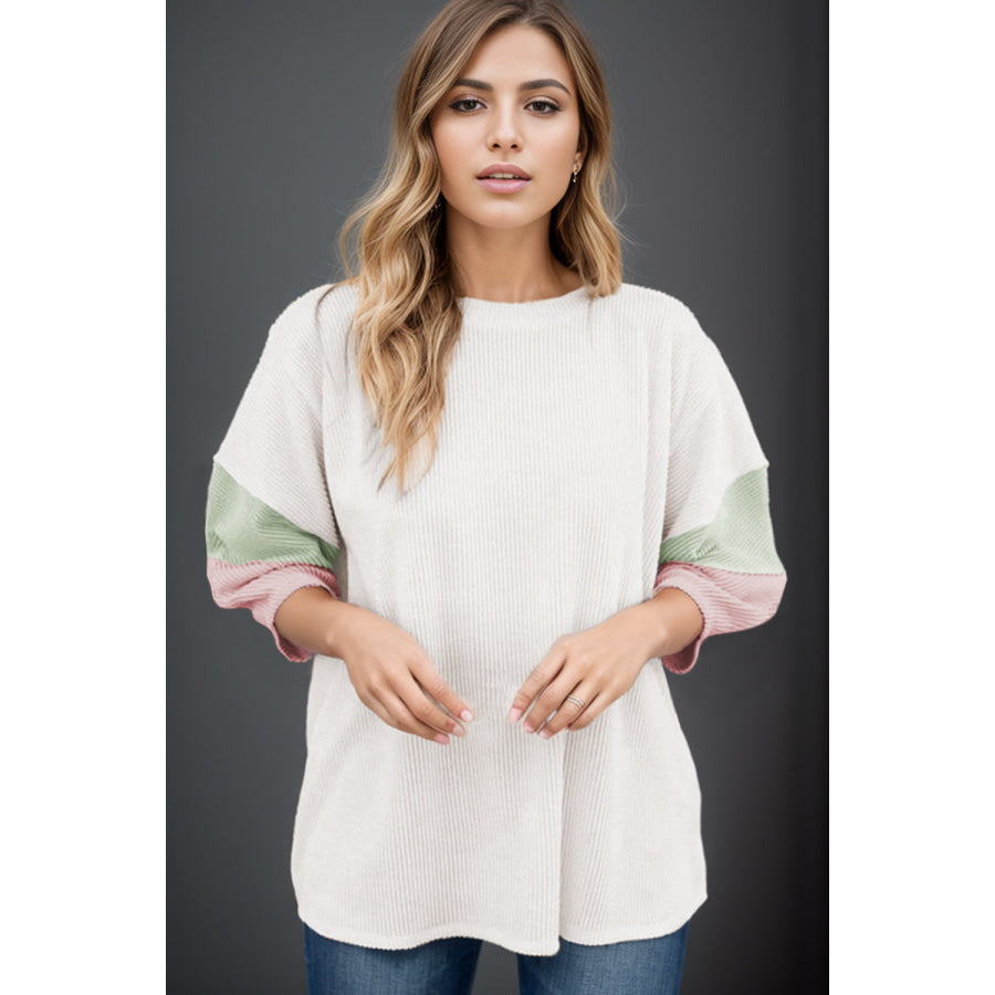Color Block Round Neck Dropped Shoulder Blouse White / S Apparel and Accessories