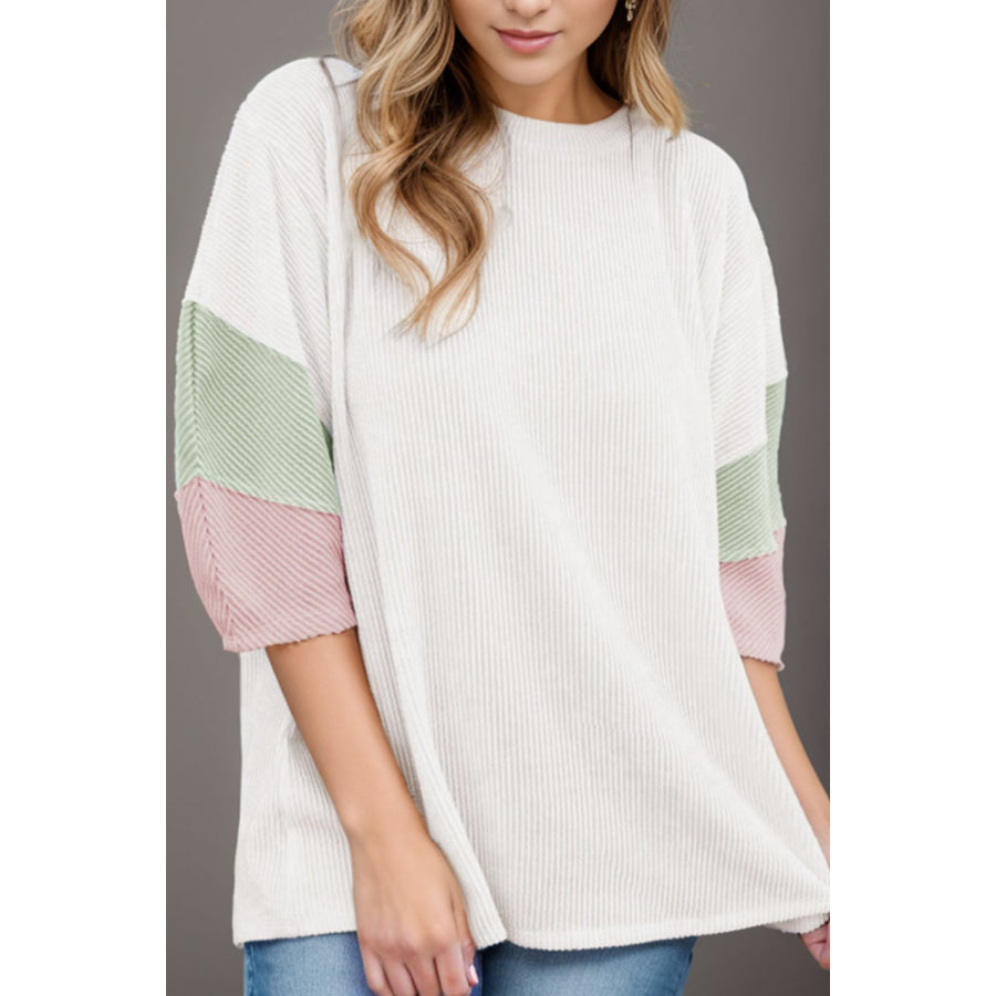 Color Block Round Neck Dropped Shoulder Blouse White / S Apparel and Accessories
