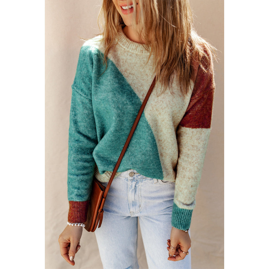 Color Block Round Neck Dropped Shoulder Pullover Sweater Multicolor / S