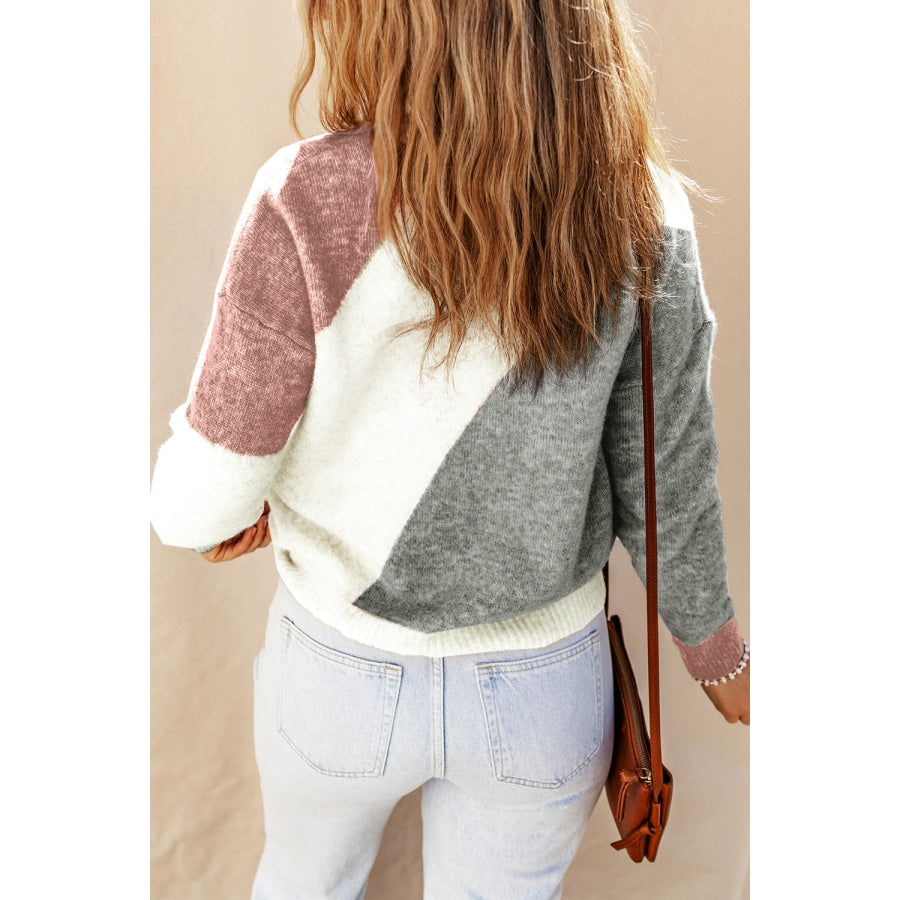 Color Block Round Neck Dropped Shoulder Pullover Sweater