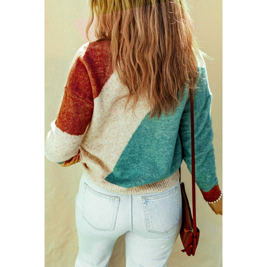 Color Block Round Neck Dropped Shoulder Pullover Sweater