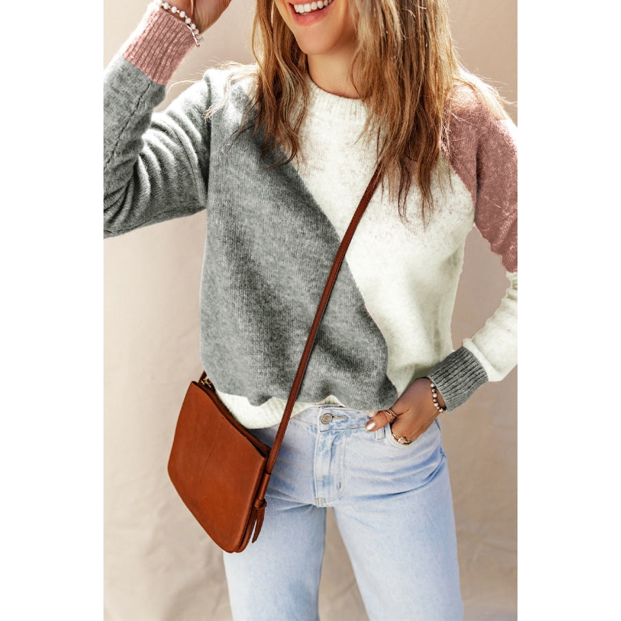 Color Block Round Neck Dropped Shoulder Pullover Sweater