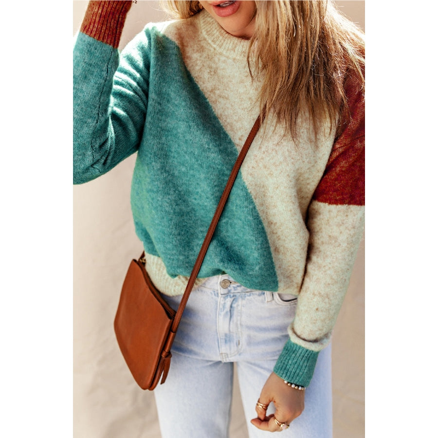 Color Block Round Neck Dropped Shoulder Pullover Sweater