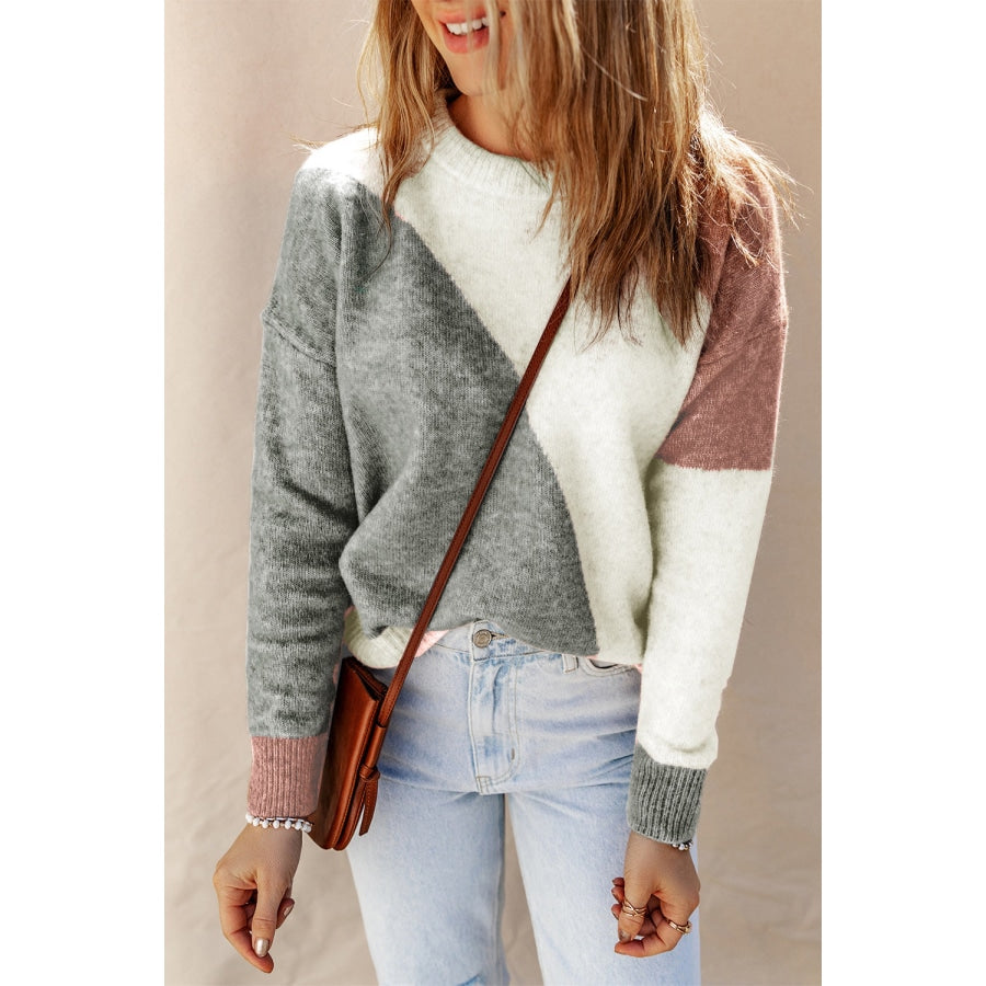 Color Block Round Neck Dropped Shoulder Pullover Sweater White / S