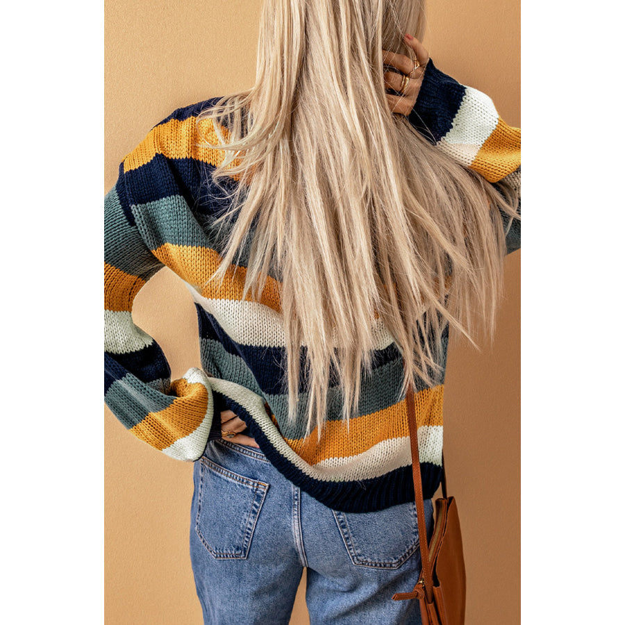 Color Block Round Neck Dropped Shoulder Sweater Apparel and Accessories