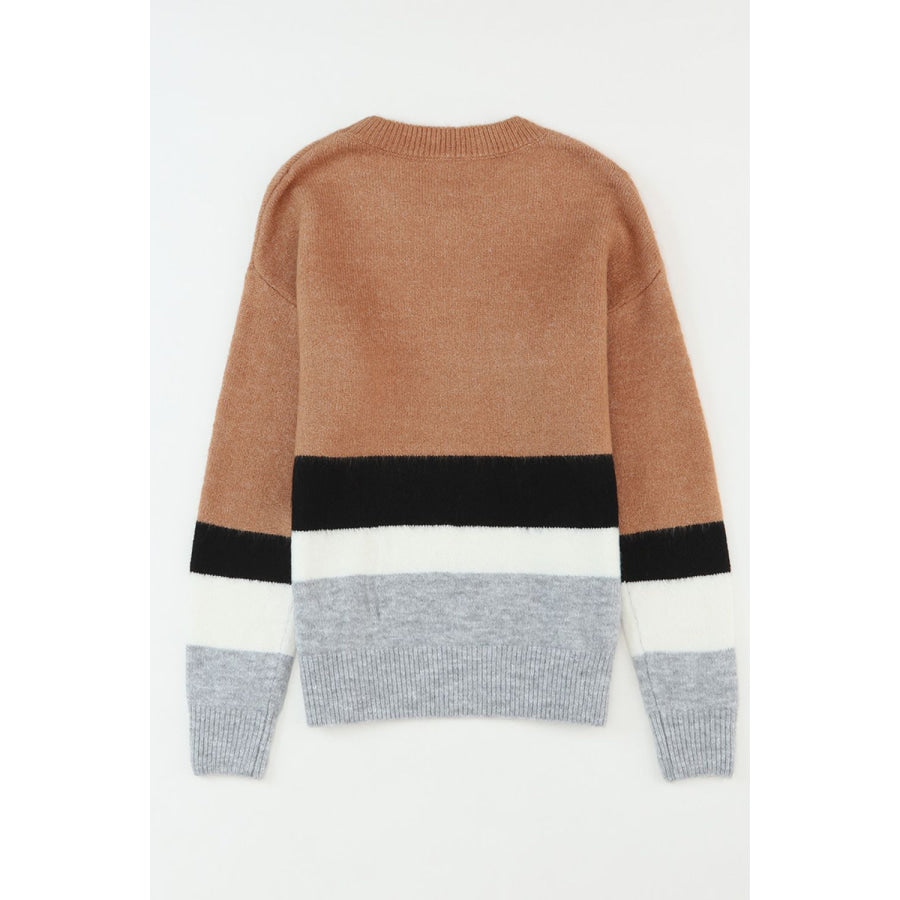 Color Block Round Neck Dropped Shoulder Sweater Apparel and Accessories