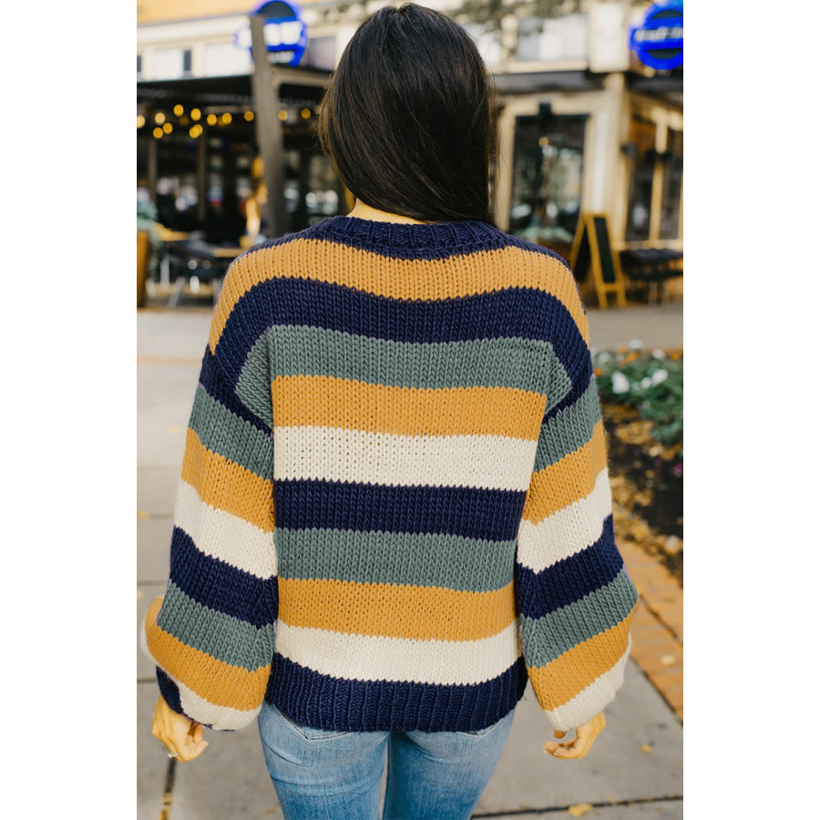 Color Block Round Neck Dropped Shoulder Sweater Apparel and Accessories