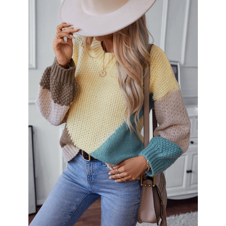 Color Block Round Neck Dropped Shoulder Sweater Apparel and Accessories