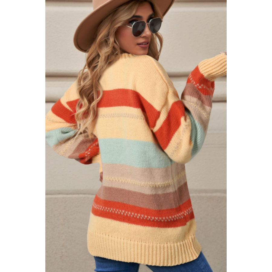 Color Block Round Neck Dropped Shoulder Sweater Apparel and Accessories