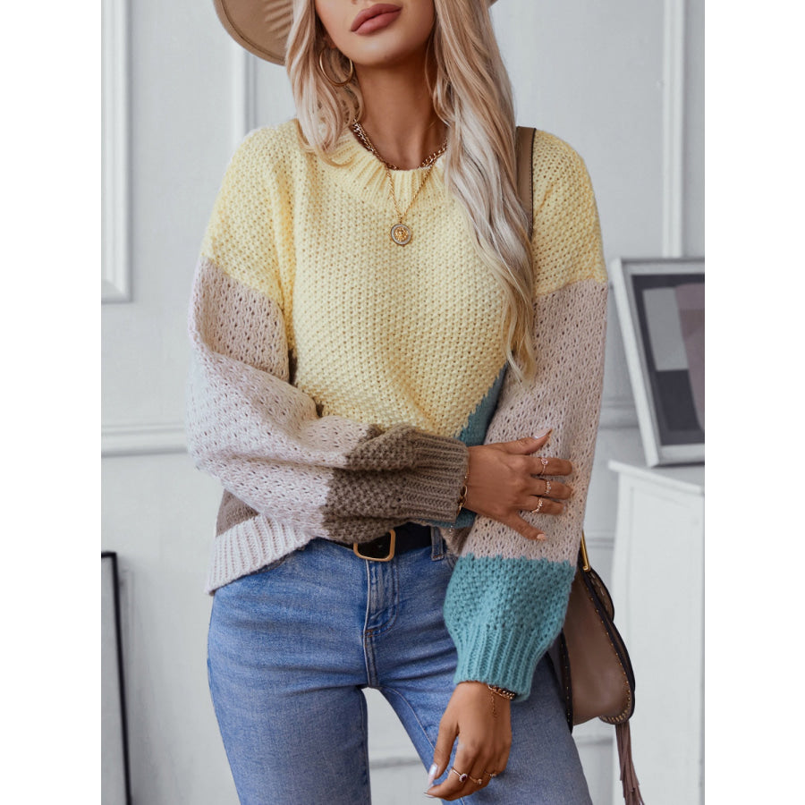 Color Block Round Neck Dropped Shoulder Sweater Apparel and Accessories
