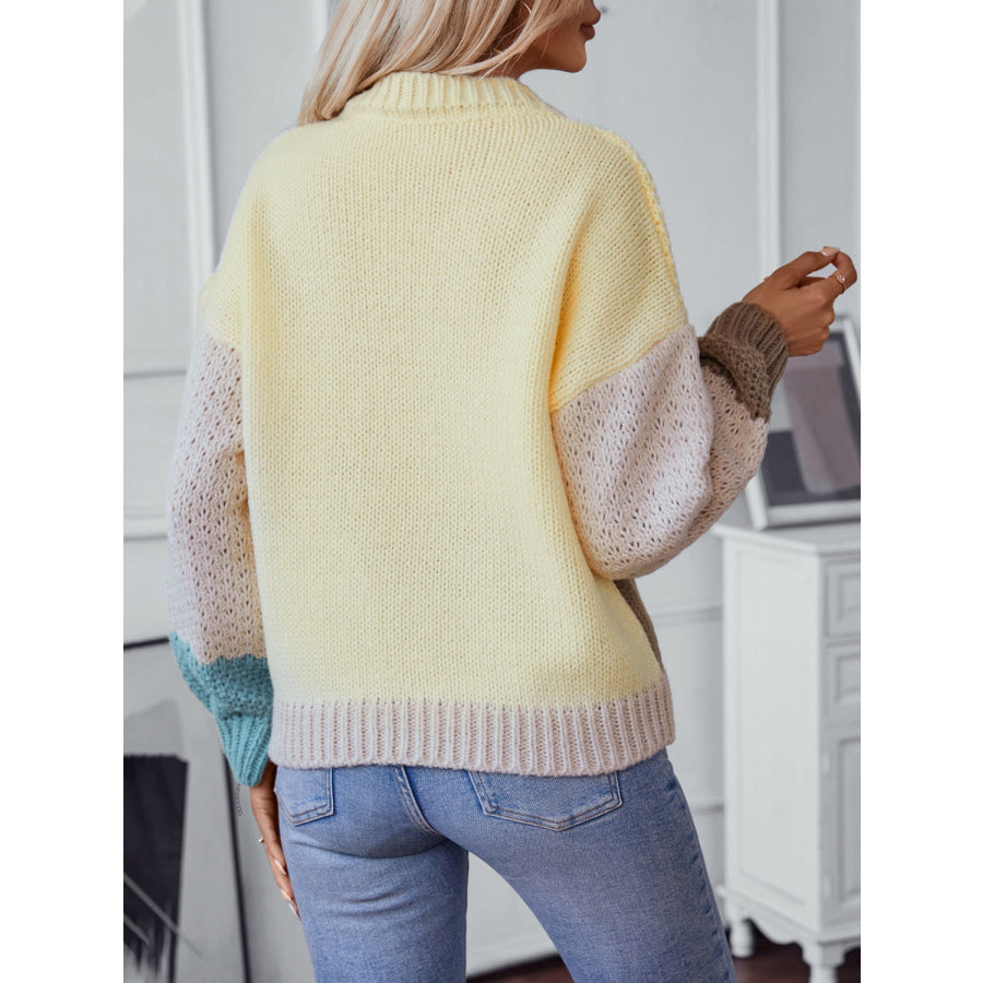 Color Block Round Neck Dropped Shoulder Sweater Cream / S Apparel and Accessories