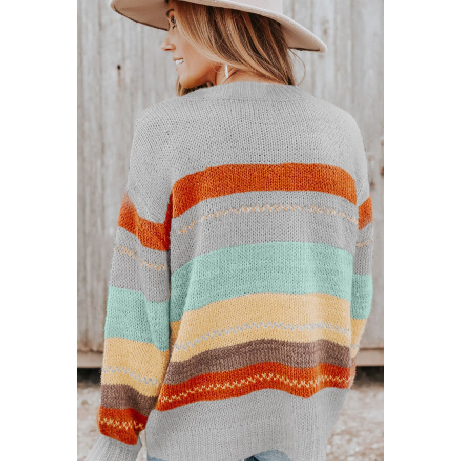 Color Block Round Neck Dropped Shoulder Sweater Apparel and Accessories