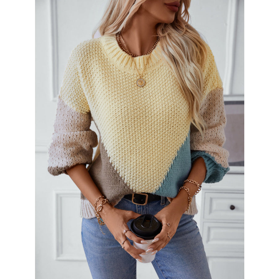 Color Block Round Neck Dropped Shoulder Sweater Apparel and Accessories