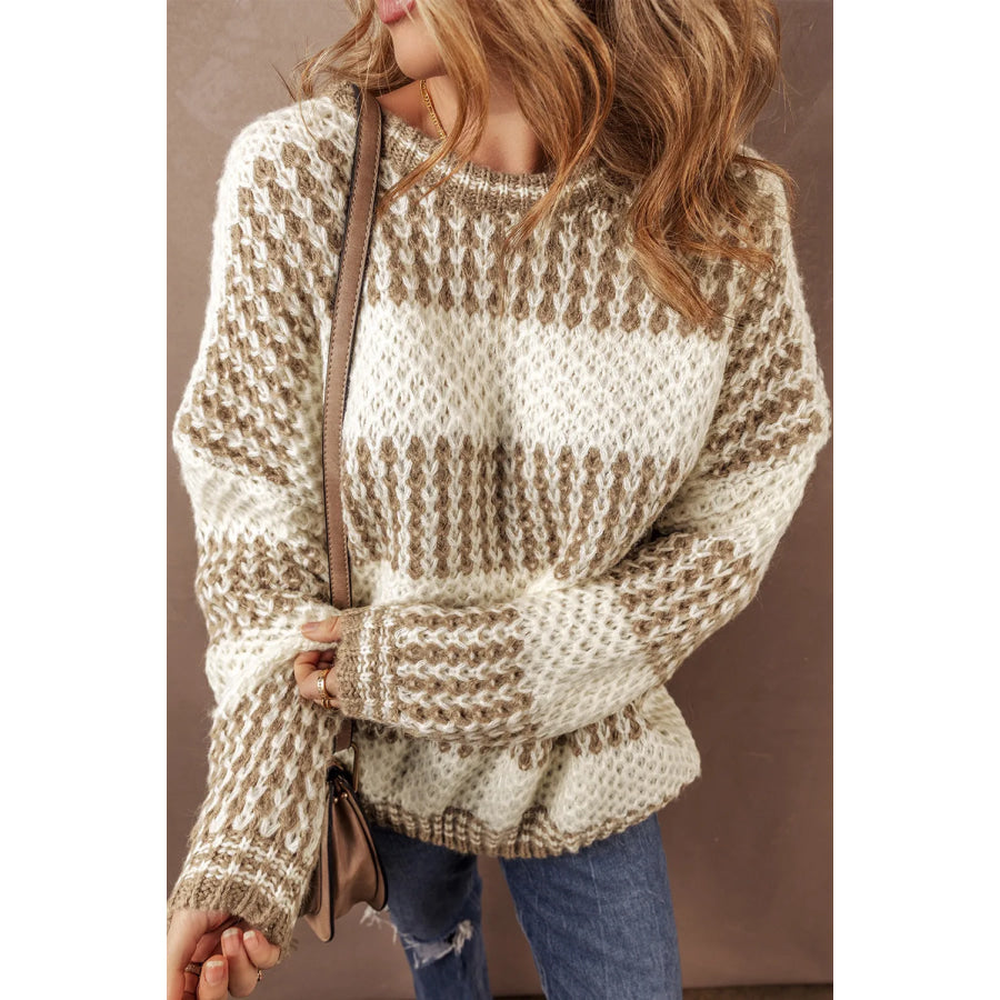 Color Block Round Neck Dropped Shoulder Sweater Apparel and Accessories