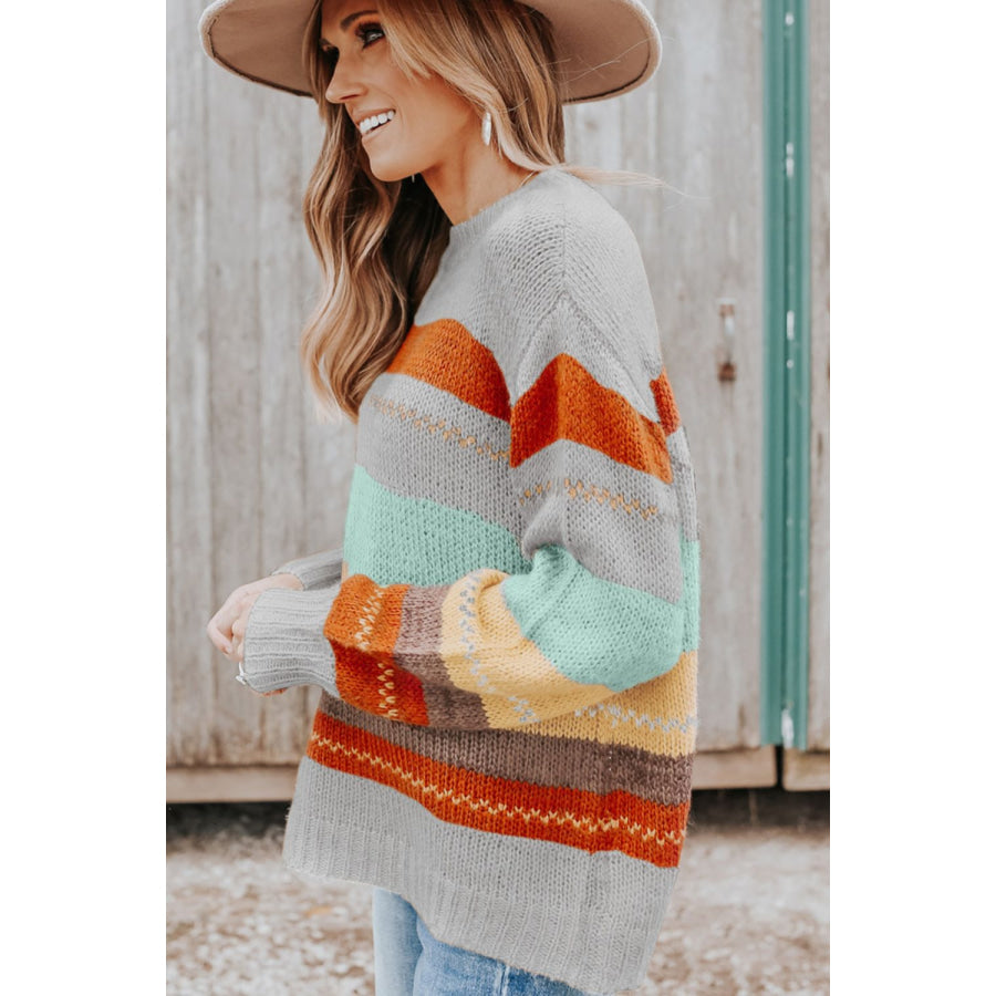 Color Block Round Neck Dropped Shoulder Sweater Apparel and Accessories