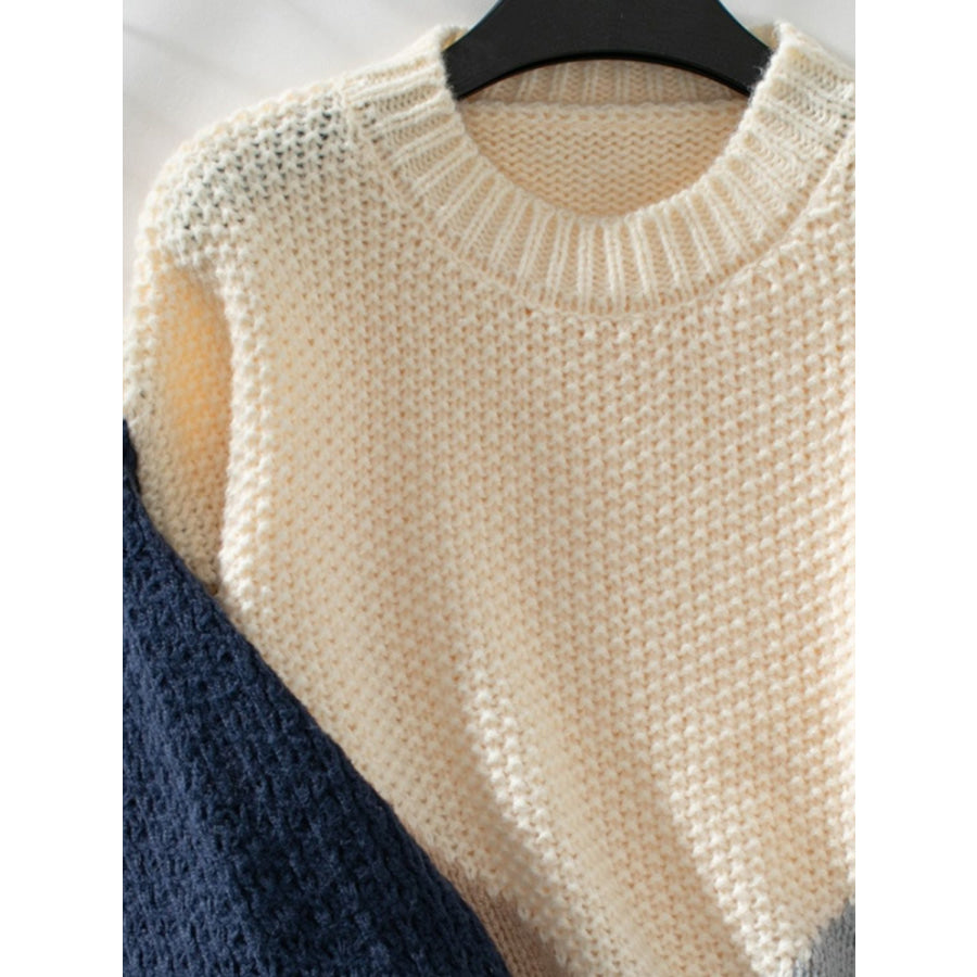 Color Block Round Neck Dropped Shoulder Sweater Apparel and Accessories