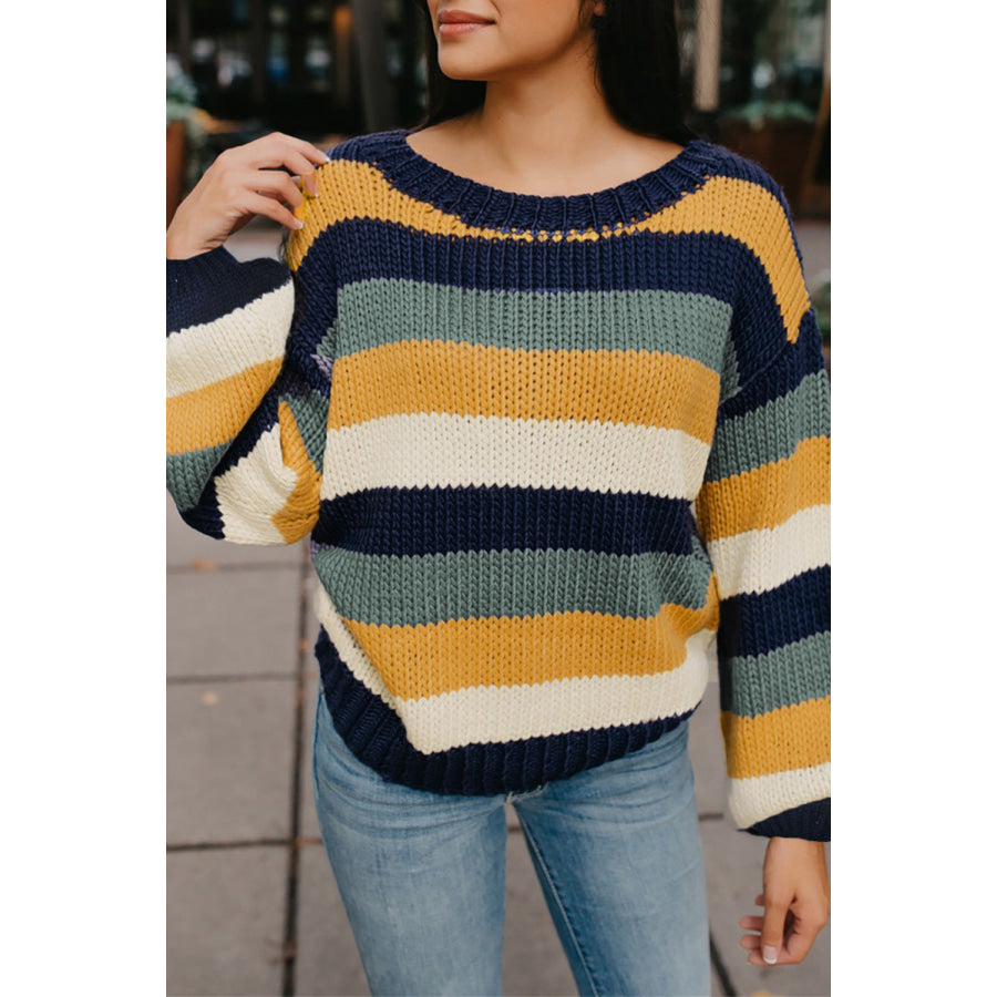 Color Block Round Neck Dropped Shoulder Sweater Apparel and Accessories