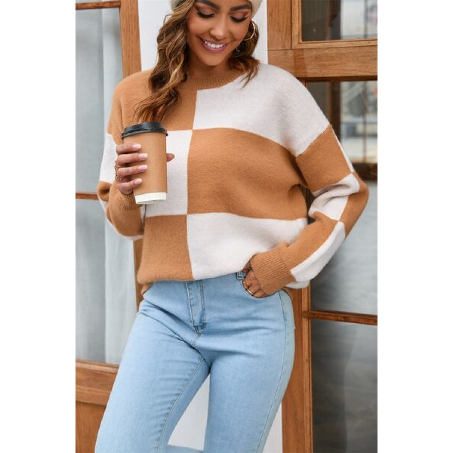 Color Block Round Neck Dropped Shoulder Sweater Sherbet / S Apparel and Accessories