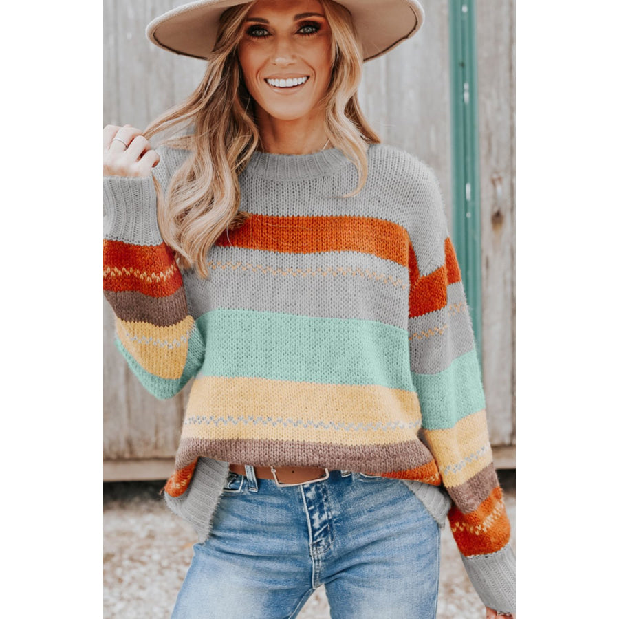 Color Block Round Neck Dropped Shoulder Sweater Apparel and Accessories