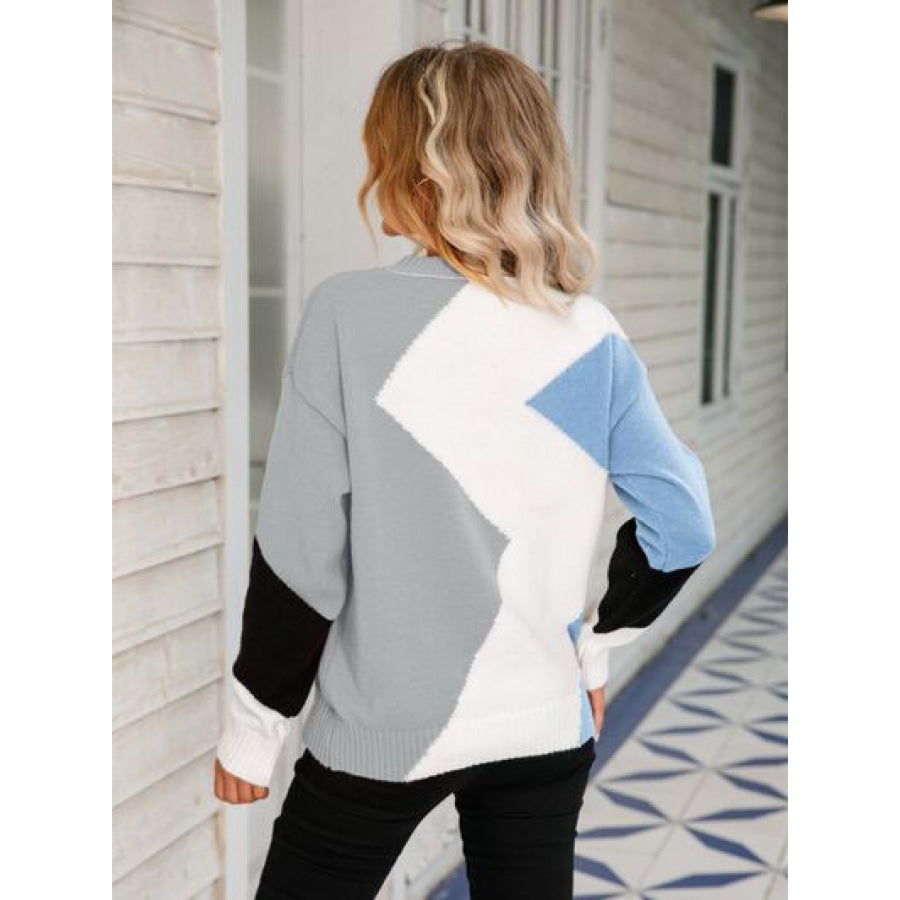 Color Block Round Neck Dropped Shoulder Sweater Apparel and Accessories