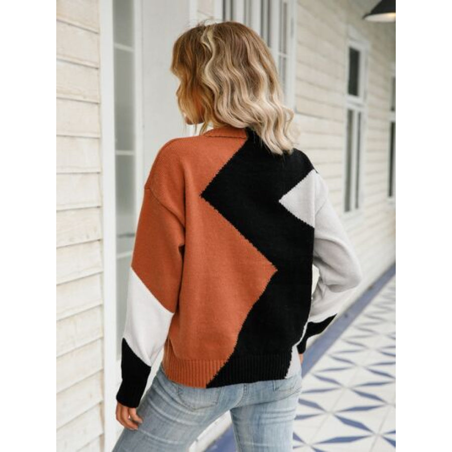 Color Block Round Neck Dropped Shoulder Sweater Apparel and Accessories