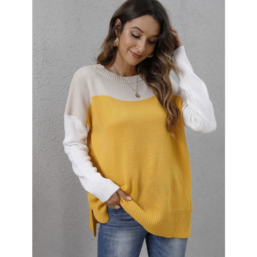 Color Block Round Neck Dropped Shoulder Sweater Banana Yellow / S