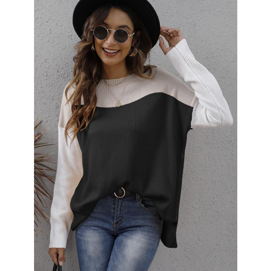 Color Block Round Neck Dropped Shoulder Sweater Black / S