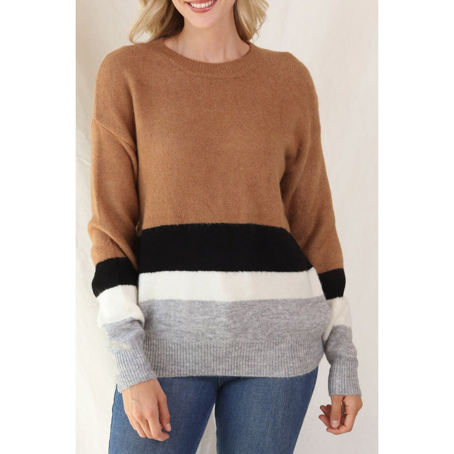 Color Block Round Neck Dropped Shoulder Sweater Camel / S Apparel and Accessories