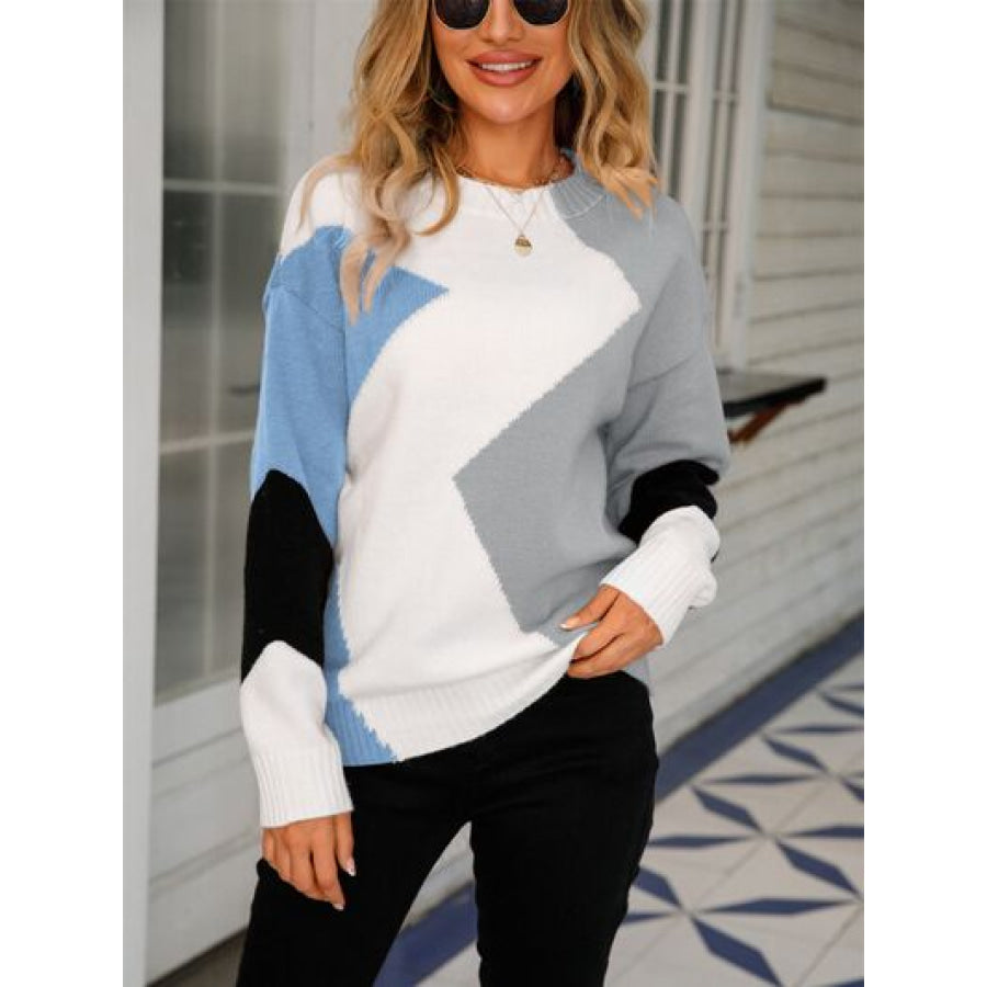 Color Block Round Neck Dropped Shoulder Sweater Charcoal / S Apparel and Accessories