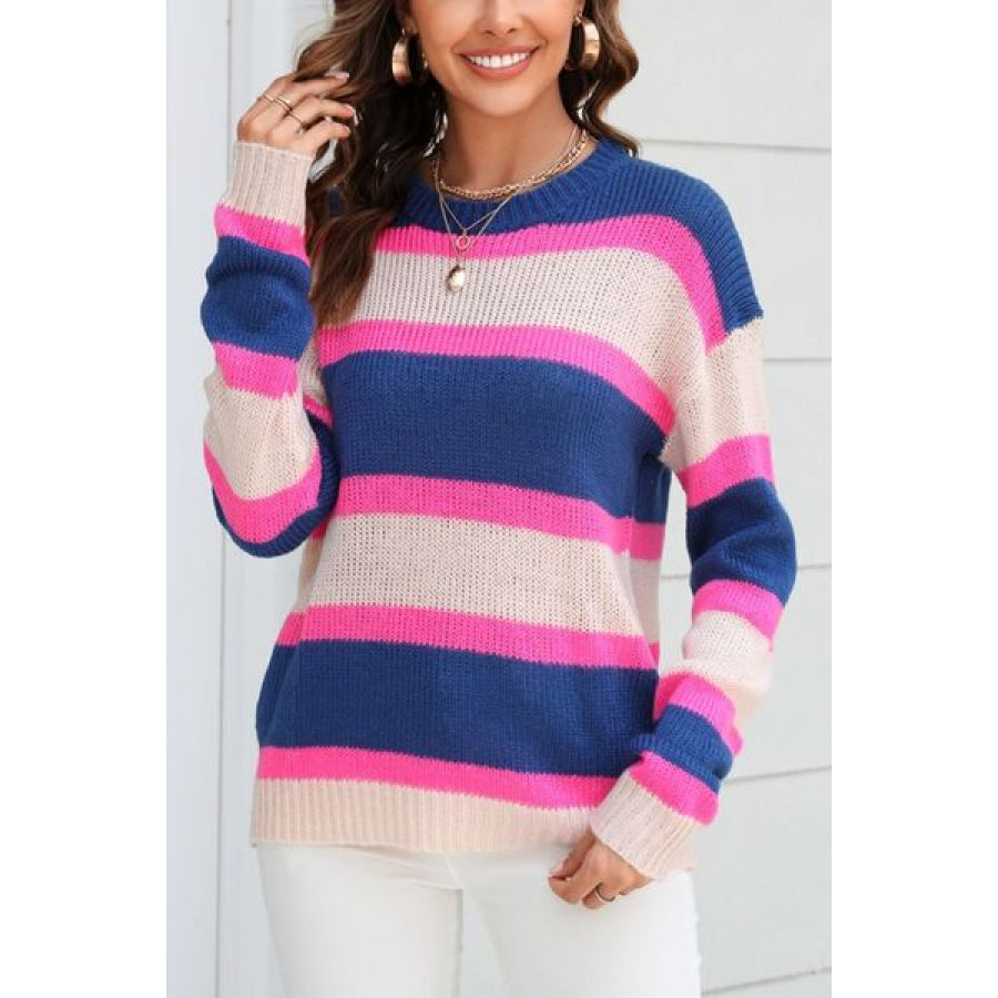 Color Block Round Neck Dropped Shoulder Sweater Dark Navy / S Apparel and Accessories