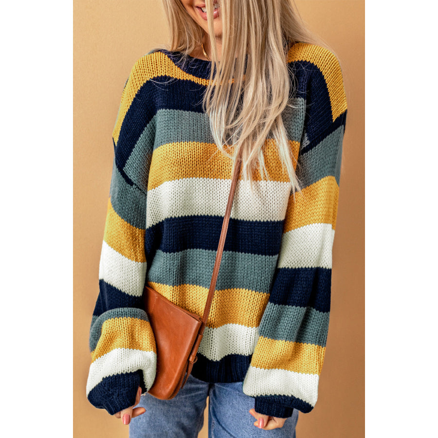 Color Block Round Neck Dropped Shoulder Sweater Apparel and Accessories