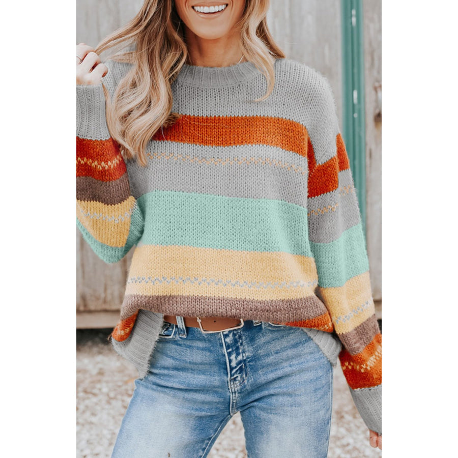 Color Block Round Neck Dropped Shoulder Sweater Gray / S Apparel and Accessories