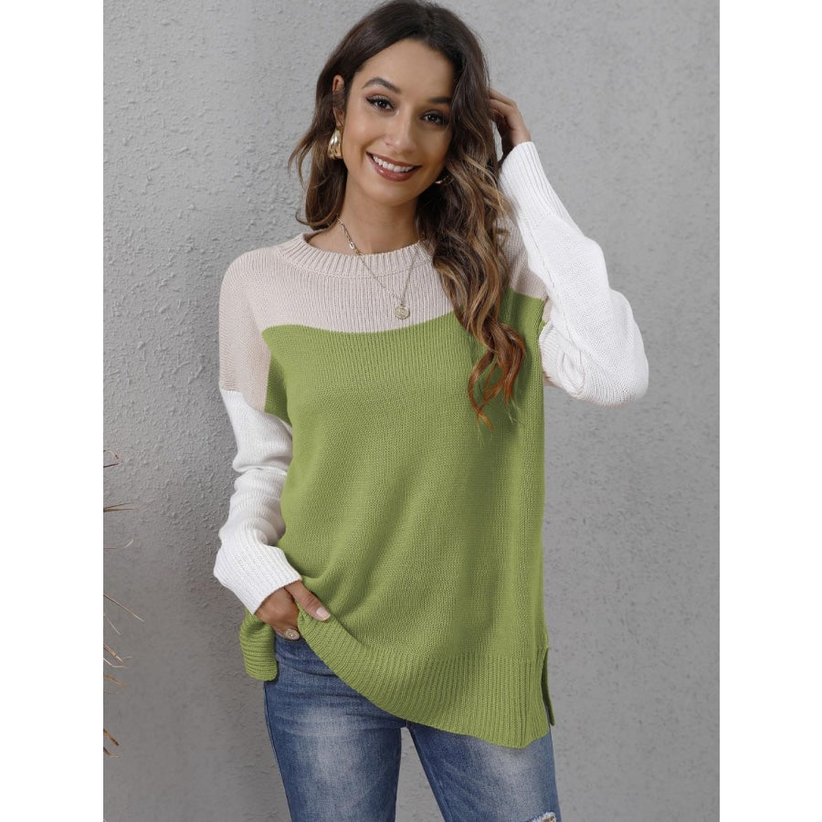 Color Block Round Neck Dropped Shoulder Sweater Lime / S