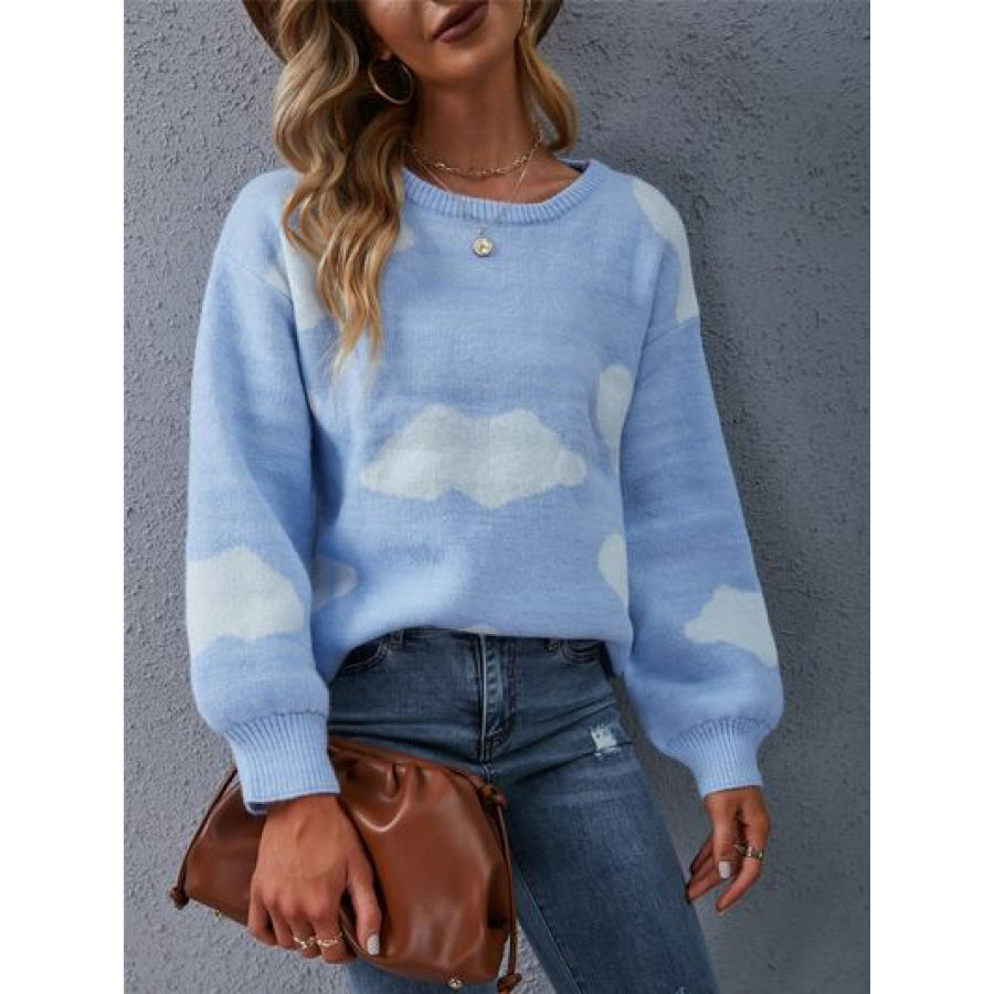 Color Block Round Neck Dropped Shoulder Sweater Misty Blue / S Apparel and Accessories